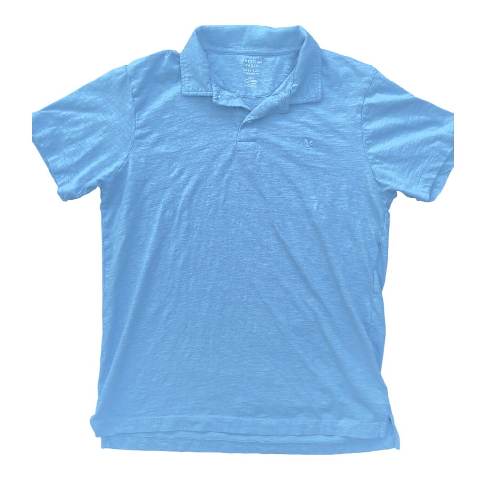 American Eagle Polo Shirt Mens Large Blue Super Soft Slub Short Sleeve Good